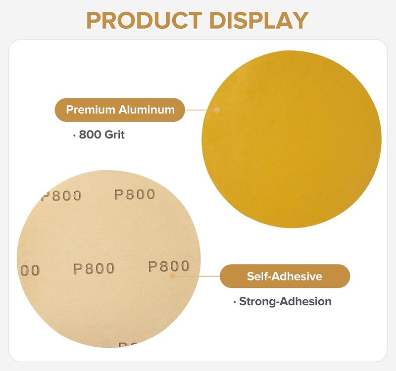 Shawya 100 PCS 6 Inch Gold PSA Sanding Discs 800 Grit Self Adhesive Sticky-Back Sandpaper for DA Sander Automotive Car Paint Woodworking Wood Metal Finishing - Image 4